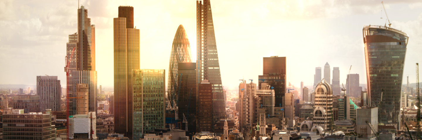 London financial skyline at sunset